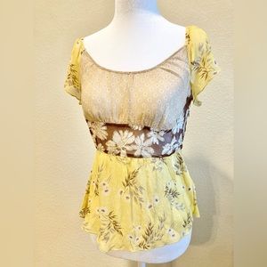 Anthropologie silk yellow floral print blouse